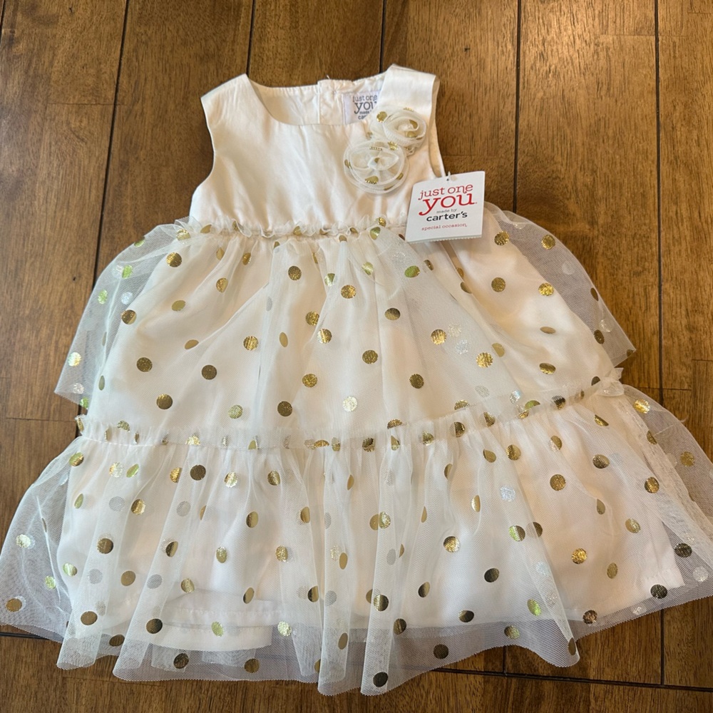 Carter's NWT 9 Months Ivory Dress with Gold Polka Dots